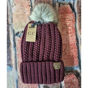NWT C.C Thick Cable Knit Cuffed Beanie Maroon Faux Fur Pom Fleece Lined